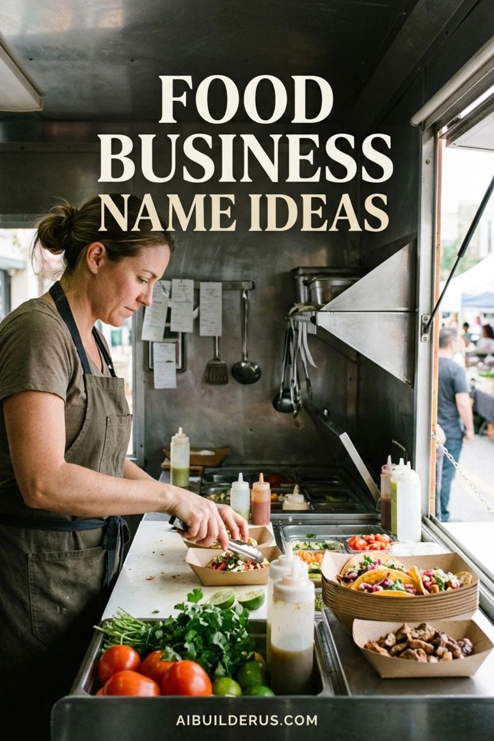Woman preparing fresh lunch bowls in a food truck kitchen beneath the headline Food Business Name Ideas.