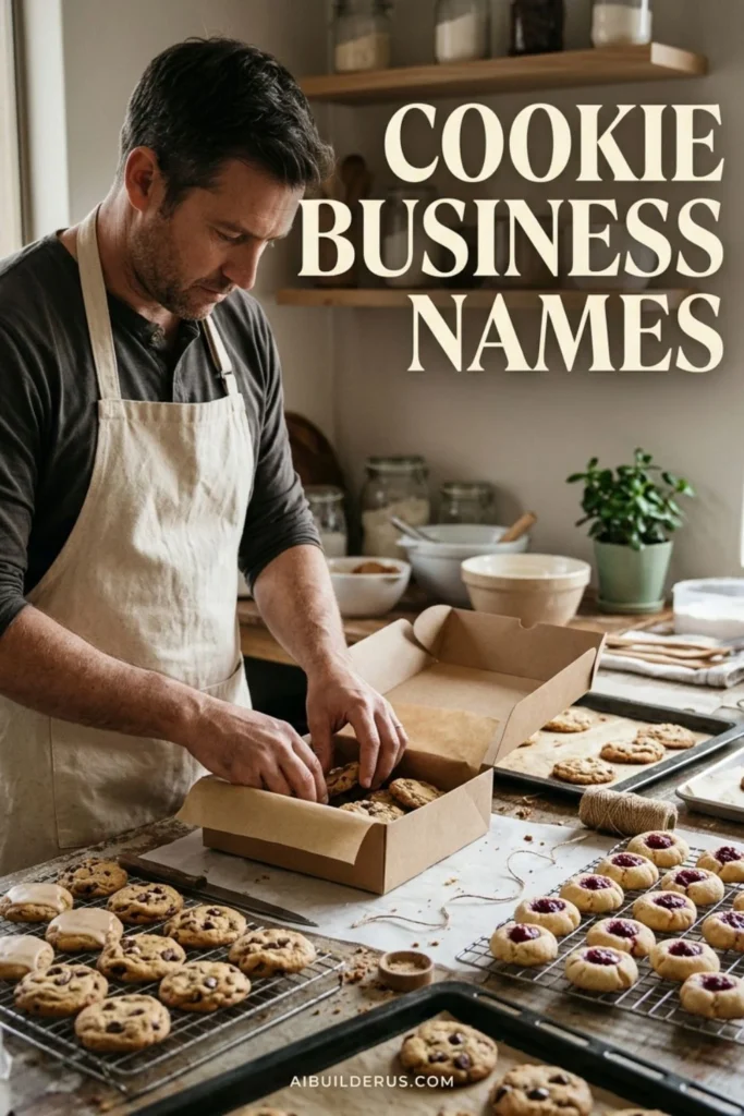 Home bakery owner packing cookies into a kraft box beside trays of baked cookies and the headline Cookie Business Names.