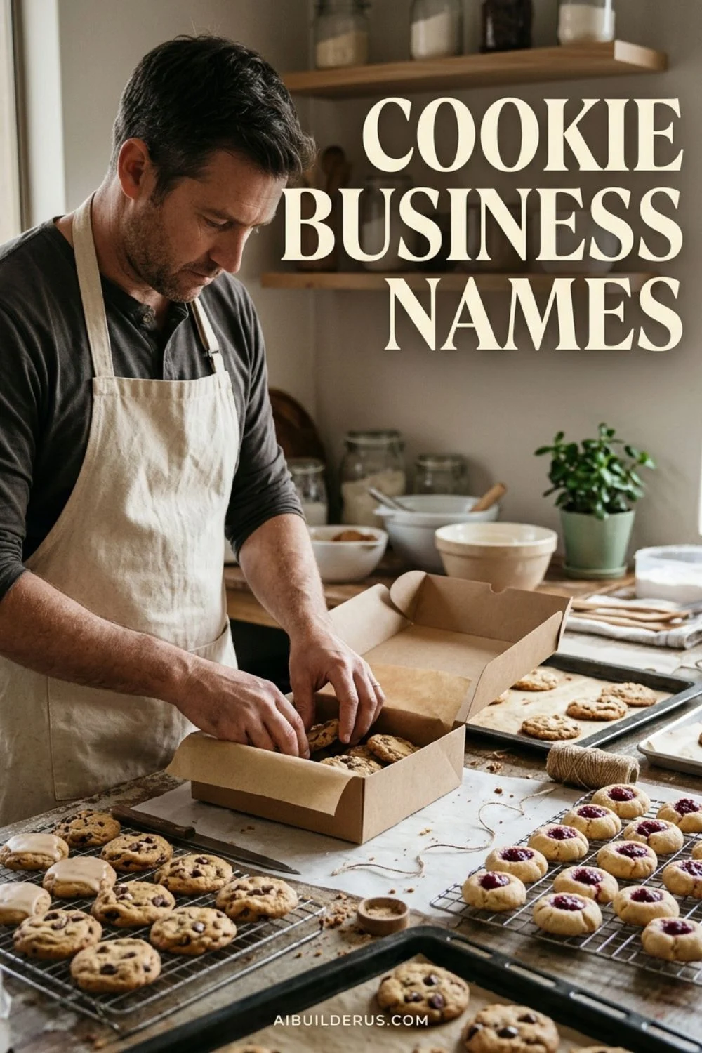 Home bakery owner packing cookies into a kraft box beside trays of baked cookies and the headline Cookie Business Names.