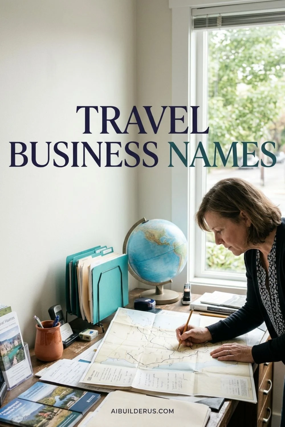 Travel planner marking a route on a paper map beside a globe under the headline Travel Business Names.