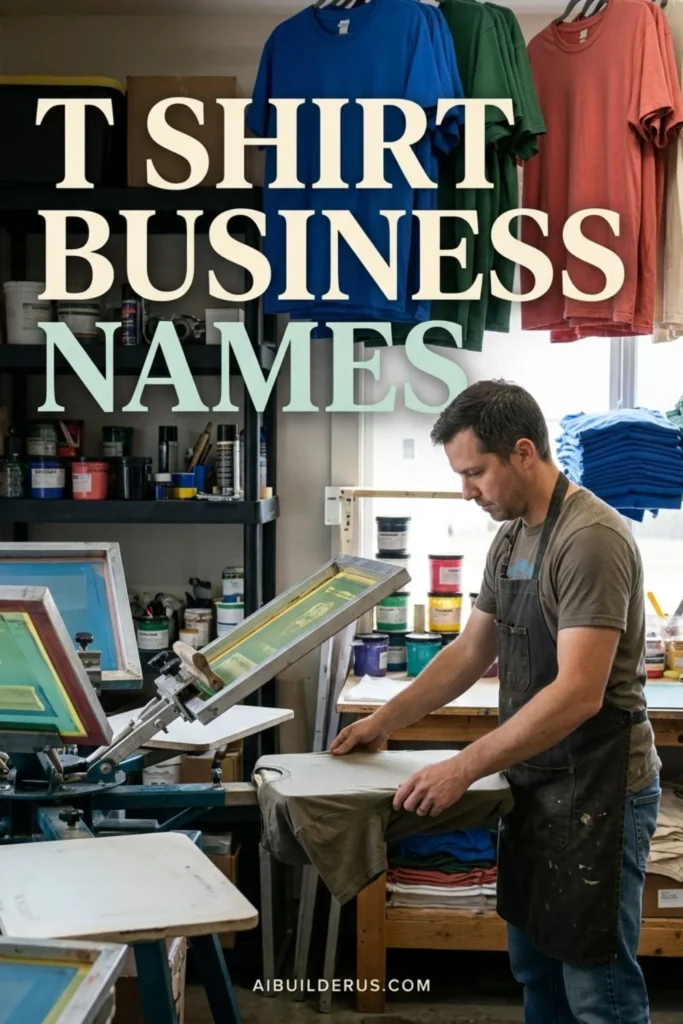 T-shirt print shop owner aligning a shirt at a manual printing press beneath the headline T Shirt Business Names.